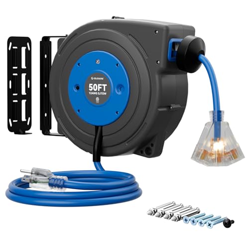 50 FT Retractable Extension Cord Reel, Heavy Duty 12AWG/3C SJTOW Power Cord, Lighted Triple Tap, 15A Circuit Breaker, Wall/Ceiling Mount Electric Cord Reel for Garage & Workshop, ETL Listed, Blue - color: Blue