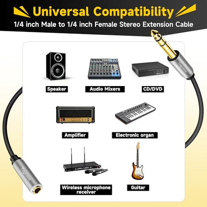 1/4 inch Extension Cable 6 Feet, 6.35mm 1/4" TRS Male to Female Stereo Adapter Jack，Quarter inch Headphone Guitar Extension Cable, Hi-Fi Sound, Gold Plated Connectors, Oxygen-Free Copper OFC - size: 6 Feet