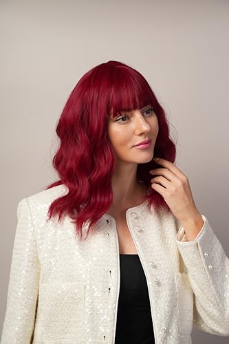 Wine Red Wig with Bangs Short Curly Wavy Bob Wig for Women Heat Resistant Fiber Synthetic Wig Natural Looking Daily Cosplay Party 16 Inches - color: Red