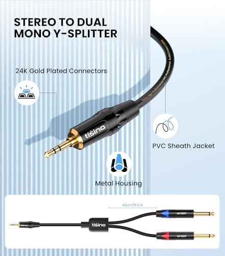 Tisino 1/8" to 1/4" Stereo Cable, Dual 1/4" to 3.5mm Audio Cable, 10FT/3m | Dual 1/4" TS to 3.5mm Audio Adapter Cable for Phone/Laptop to Mixer/Speaker/Amp, 20AWG Gold-Plated OFC - size: 10 feet