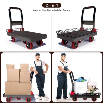 2IN1 42×26In Heavy Duty Platform Trucks Flatbed Carts | 2000lbs Capacity Push Cart Hand Dolly w/Detachable Solid Steel Wire Fence, Collapsible Cage, 5-Inch Silent TPR Wheels - size: 42" L X 26" W