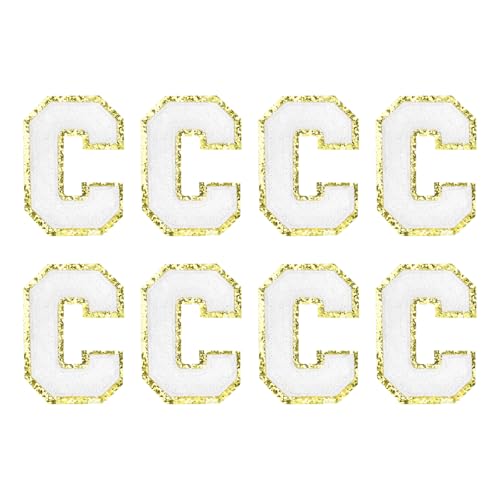 MECCANIXITY Chenille Letter Patches 2.2" Self Adhesive Alphabet C Stick on Embroidered Patch Sew on Letter Stickers Applique for Repairing Clothing Jeans Shoes Hats DIY(White, Pack of 8) - style: Letter C