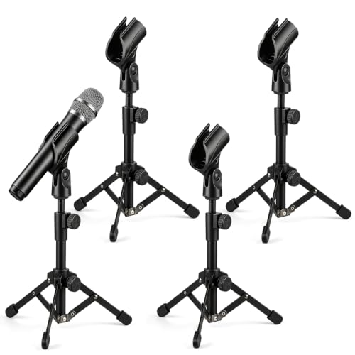 4 Pack Desk Mic Stand, Portable Foldable Tripod Microphone Stand with Mic Clip Holder, Adjustable Tabletop Stand for Blue Yeti, Snowball, Shure SM58, Dynamic & Condenser Microphones ﻿