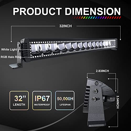 Lpteso RGBW LED Light Bar 32'' inch 180W Flood Spot Combo Beam 2PCS 4 Inch 18W Flood RGB LED Pods with 16 Solid Colors Chasing RGB Halo Ring Changing with Strobe Flashing with Rocker Switch Wiring - size: 32Inch RGB Straight LED Light Bar