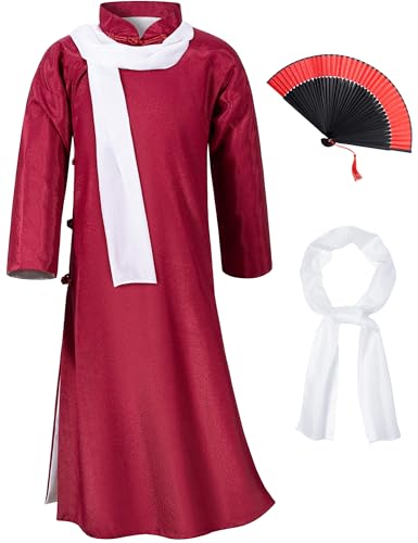 Boys Girls Kids Dragon Tang Coat Chinese Traditional Clothing Master Martial Arts Fan Scarf Set Outfit - color: Red, size: 8-9Years(140cm)
