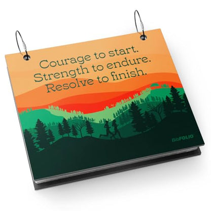Gone For a Run BibFOLIO Race Bib Album - Courage Strength Resolve - 9.5x8 | Wood Cover, Twist Cable Rings, Race Bib Holder, Holds Up to 100 Bibs, Includes 12 Vinyl Sleeves, Marathon Runner Gift - color: Courage Strength Resolve
