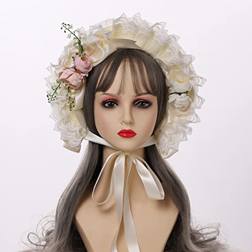 COSDREAMER Girls Women Victorian Bonnets Lace Flowers Tea Party Hats - color: White