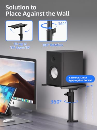 suptek Clamp-on Speaker Stand Desk Mount, Height Adjustment, Swivel, Tilt, 9.6 x 8.8 in Trays, Universal Audio Holders for Bookshelf Speakers, Elevated Sound, Against the Wall, 2 Pack, Black, SDM001KT - size: Tilt Speaker Stands Against the Wall
