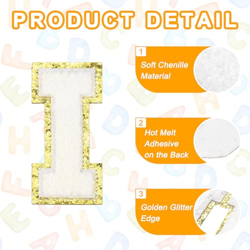 MECCANIXITY Chenille Letter Patches 3.1" Alphabet I Iron on Embroidered Patch Sew on Letter Stickers Applique for Repairing Clothing Jeans Shoes Hats DIY(White, Pack of 4) - style: Letter-I