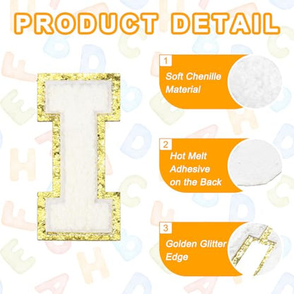 MECCANIXITY Chenille Letter Patches 3.1" Alphabet I Iron on Embroidered Patch Sew on Letter Stickers Applique for Repairing Clothing Jeans Shoes Hats DIY(White, Pack of 4) - style: Letter-I