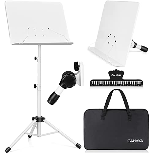CAHAYA Sheet Music Stand Dual-use Convert to Desktop Stand Adjustable White | Portable Foldable 31.4-57" Height Adjustable Sturdy to Hold Thick Book or Tablet Include Carrying Bag Sheet Music Folder Clip - color: White, size: Standard Version