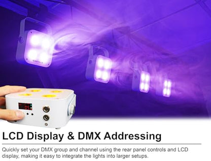 Rockville MINI RF4 V2 White LED Wash Up Light RGBWA+UV, Compact, App, Remote Control, LCD, Wireless DMX, Rechargeable, Perfect for DJ/Party Lighting - color: White