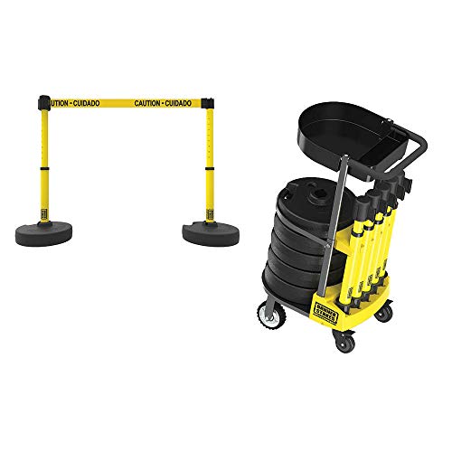 Crowd Control Plus Cart Package & Accessory Tray, 75' Total Retractable Belt Barrier System - 5 Telescoping Stanchions w/ 15' Yellow "Caution - Cuidado" Banners (PL4002T) - style: Yellow: Caution - Cuidado