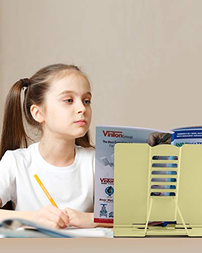 MSDADA Desk Book Stand Metal Reading Book Holder Adjustable Cookbook Holder | Documents Holder Portable Sturdy Bookstands Rest for Recipes Textbooks Tablet Music Books with Page Clips (Light Yellow） - color: Light Yellow