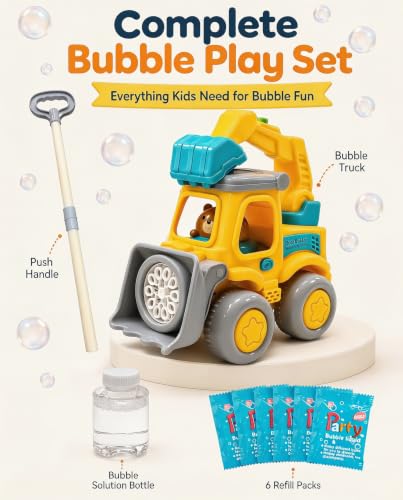 Excavator Automatic Bubble Machine for Kid Toy 3 4 5 6 7 8 Year Old Little Boy Girl Gift Lawn Mower Maker Blower Summer Outdoor Push Toys Easter Christmas Birthday Present