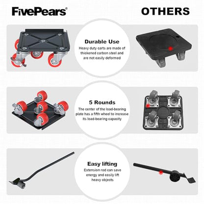 Fivepears Furniture Lift Mover Tool Set-3000 lb,5-Wheel Heavy-Duty Furniture Dolly with Handle,360°Swivel Casters Trolley-Ideal for Moving Heavy Machinery, Equipment, Pianos, Couches and Carpeted