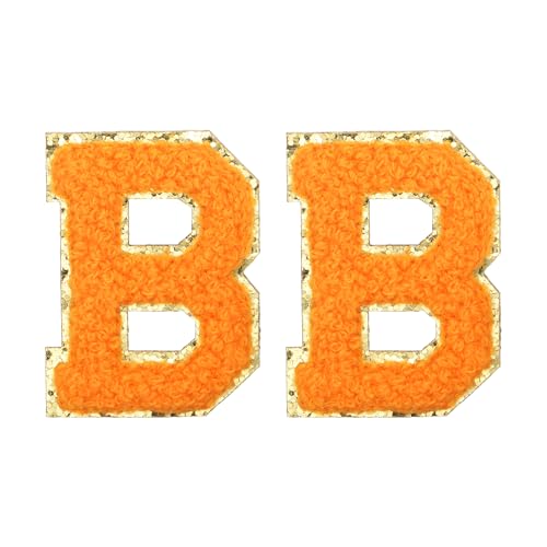 MECCANIXITY Chenille Letter Patches 2.2" Self Adhesive Letter B Stick on Embroidered Patch Sew on Letter Stickers Applique for Repairing Clothing Jeans Shoes Hats DIY(Orange, Pack of 2) - style: Letter-B