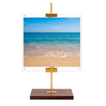 RattanView Adjustable Tabletop Easel Stand with Clear Acrylic Floating Photo Frame Set 16.5" Metal Picture Easel Display Stand for Picture, Art, Photos, Poster, Signs(Gold,Wooden Base) - color: Gold