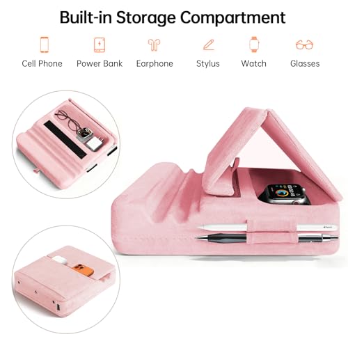 Tablet Pillow Stand with Storage, Foldable iPad Holder for Lep, Bed, Sofa, and Desk - Soft Pad Dock with Pocket and Stylus Mount Compatible with 4-13" iPad Pro/Air/Mini, Galaxy Tab, Kindle - color: Pink01
