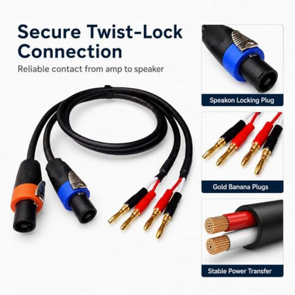 Speakon NL4FX to Banana Plug Speaker Cable 2-Pack, 12AWG 40A Heavy-Duty OFC, Twist-Lock for PA System, Live Sound, Stage, DJ, for QSC, Crown, Yamaha, JBL Amplifier