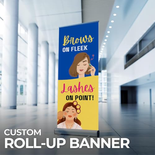 Lashes & Brows Retractable Stand Banner by DC | 33"x81" Roll-Up Display | Brows on Fleek Lashes on Point Vertical Pull-Up Banner for Trade Shows & Events | Made in USA | (Stand Not Included) - color: Brows on Fleek Lashes on Point, size: Retractable Banne