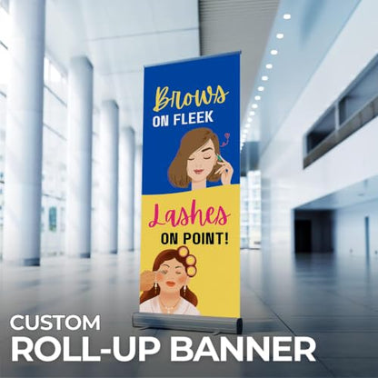 Lashes & Brows Retractable Stand Banner by DC | 33"x81" Roll-Up Display | Brows on Fleek Lashes on Point Vertical Pull-Up Banner for Trade Shows & Events | Made in USA | (Stand Not Included) - color: Brows on Fleek Lashes on Point, size: Retractable Banne