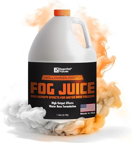 Essential Values Fog Machine Liquid - High Density Party Fog Juice (128 FL OZ / 1 Gallon) – for Water Based Foggers, Perfect for 400 Watt - 1500 W Machines – Manufactured in USA - size: 1 Gal - High Density
