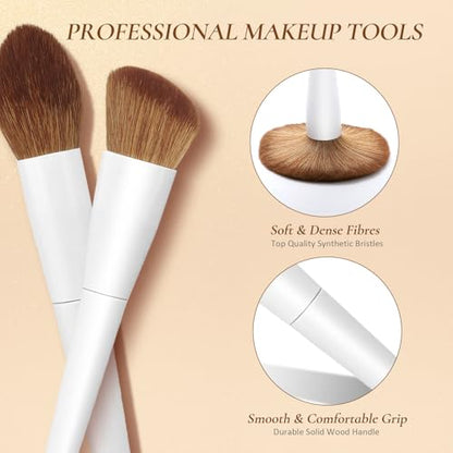LUXBRU Makeup Brushes With Case 20PCs Professional Makeup Brush Set, Foundation Powder Eyeshadow Brush Set Eyebrow Concealer Contour Travel Brushes Kit with Holder & 2 Powder Puff-White - color: Pearl White