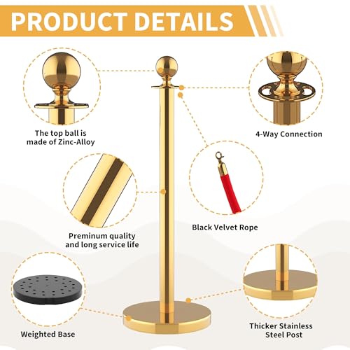 Crowd Control Stanchions Velvet Ropes Queue Line Barrier Posts 6 Pack | Gold Ball Top, 5ft Red Velvet Cords, Stainless Steel Pole, Weighted Base, Ideal for VIP Events Hotels Red Carpet Entry