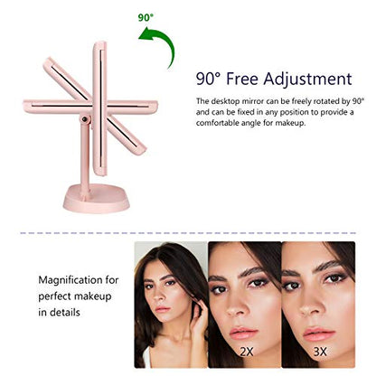 deweisn Trifold Lighted Vanity Makeup Mirror with 21 LED Lights,1x/2x/3x Magnification and Touch Screen Dimming,Two Power Supplies Makeup Mirror, Gift for Women - color: Pink