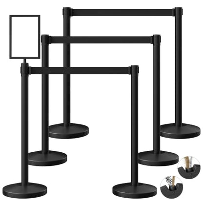 6-Pack Black Stainless Steel Crowd Control Stanchions, 9.8 ft Retractable Black Safety Belts with 1 Sign Holder(Black Belt) - color: Black stanchions w Black Belt, size: 6 pcs