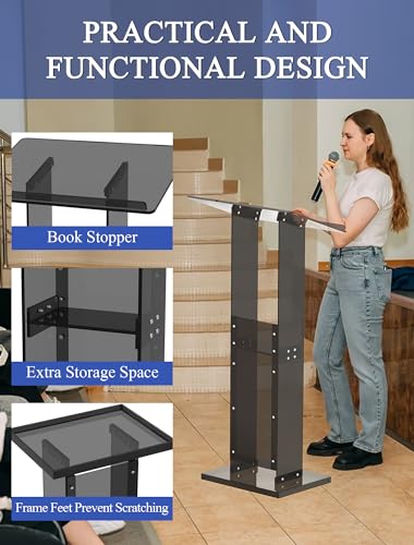 Acrylic Podium Stand with Storage Shelf, 45.5" Modern Black Lectern with Reading Platform for Classroom, Weddings, Conference, Concert, Professional Presentation Podiums - color: Black