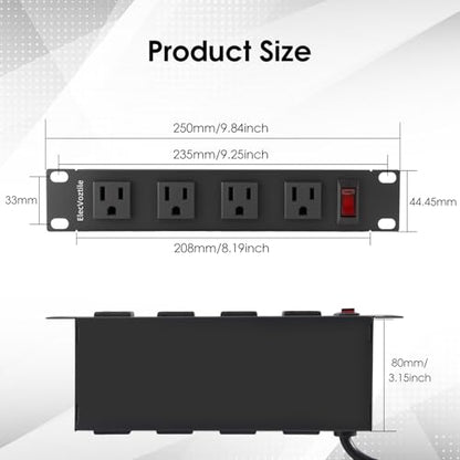 10 inch Rack PDU, 8 Outlets, 15A, 125V, 1875W, Metal Case | Heavy Duty, 4 Front & 4 Rear Outlets, 15A Overload Switch, 1U RackMount, Rear Power Cord, Ideal for 6U+ Mini Server Rack