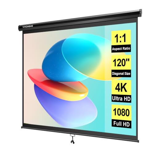 VIVOHOME 120 Inch 1:1 Pull Down Projector Screen, Black | Manual Retractable 4K Projection Screen for Home Theater, Roll Up ALR Movie Screen for Ceiling and Wall Mount - color: Black, size: 120" Diagonal (1:1)