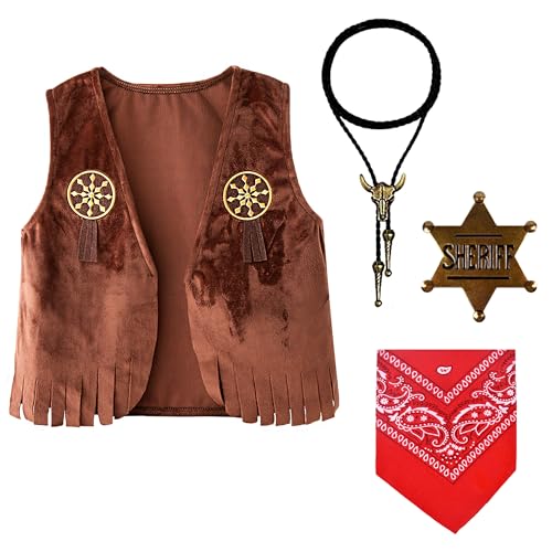 Kids Cowboy Costume - Western Dress Up Outfit for Boys Girls 3-10Y | 4pc costume & accessories set with cowboy vest, bandana, badge & bolo tie, for Halloween, career day & birthday pretend play - size: 6-7T Height 45.28" - 49.21"