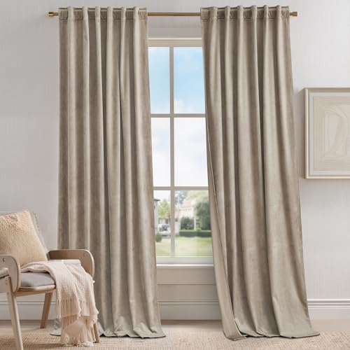 KGORGE Taupe Velvet Curtains 96 inches 2 Panels, Elegant Velvet Blackout Curtains for Bedroom Living Room, Soft Room Darkening Thermal Insulating Window Drapes, Back Tab Rod Pocket, W 52 x L 96 | Soft Darkening Thermal Insulating Window Drapes for Living