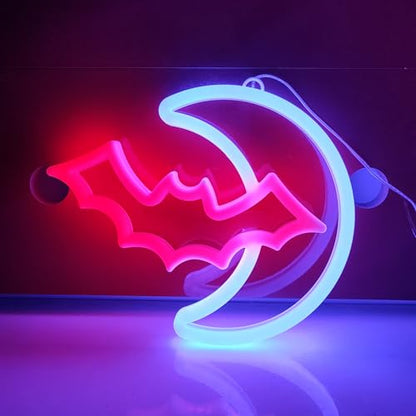 JYWJ Bat Moon LED Neon Signs Desktop Wall Decoration Light | USB or Battery Powered, 3-AA Battery Option, Party Decoration, Business Decor Use, Desktop & Wall Mount - style: Bat Moon