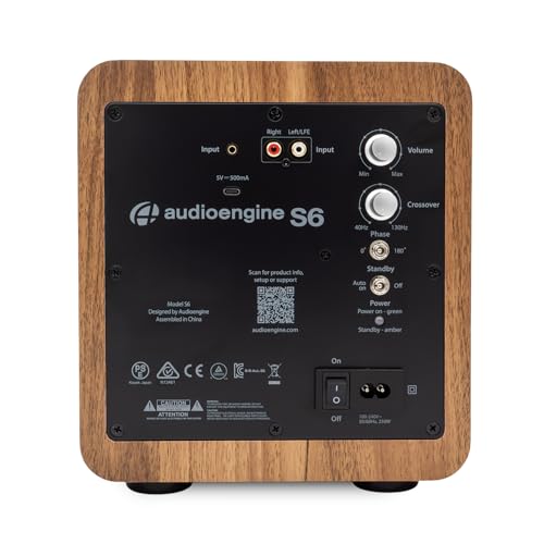 Audioengine S6 Mini Subwoofer – Compact 210W Powered Bass Speaker | for Music, Movies, Gaming & Home Office Setups - Walnut - color: Walnut, size: Matte