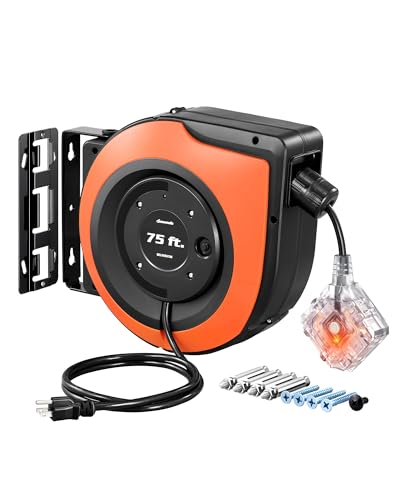 DEWENWILS 6 Grounded Outlets Retractable Extension Cord Reel, 75FT, Orange - color: Orange