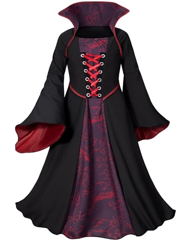 Vampire Costume for Girls 3-12 Years | with Vampires Fangs Wand, Choker, Ideal for Girls Halloween Costume Dress Up,Trick or Treating, Dracula Party Role Play - size: 10-12 Years