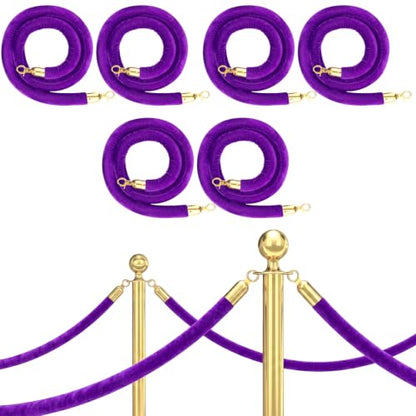Nuogo 6 Pack Velvet Stanchion Rope,5 Feet Velvet Rope with Gold Hook,Purple | Safety Rope Off Barrier, Crowd Control, 1.2 IN in Diameter, Event Weddings Graduation Theaters Grand Opening Hotel - color: Purple