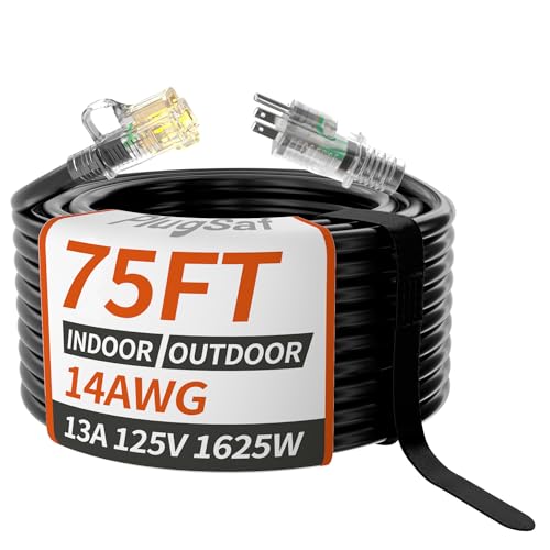 PlugSaf 14/3 Gauge 75 FT Extension Cord Outdoor, Heavy Duty Extension Cord - color: Black, size: 75FT
