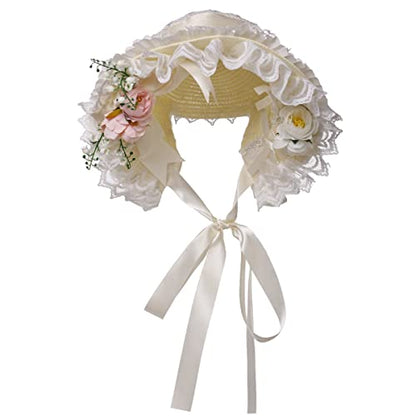 COSDREAMER Girls Women Victorian Bonnets Lace Flowers Tea Party Hats - color: White