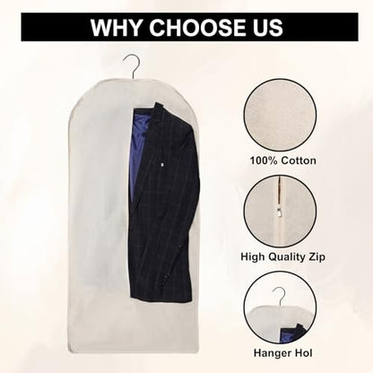 24x62 Cotton Garment Bag for Hanging Clothes, Garment Cover for Dust Free Storage - style: Side Zipper (24" x 62")