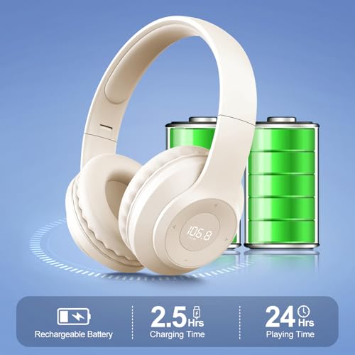 X5 Rechargeable & Portable FM Radio Headphones (Beige) | Best Reception, LED Display, Soft Ear Muffs,Headphones with Radio Built in, FM Receiver for Meeting, Works, Hiking, Jogging - color: Beige