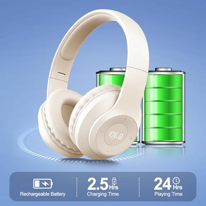 X5 Rechargeable & Portable FM Radio Headphones (Beige) | Best Reception, LED Display, Soft Ear Muffs,Headphones with Radio Built in, FM Receiver for Meeting, Works, Hiking, Jogging - color: Beige