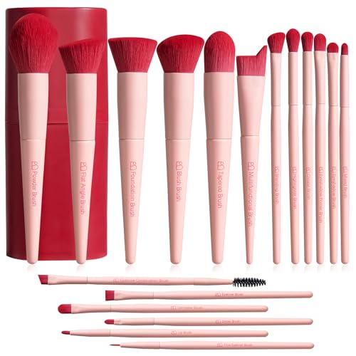 BS-MALL Makeup Brush Set 18 Pcs Premium Synthetic Foundation Powder Concealers Eye shadows Blush Makeup Brushes with black case (Pink Red) - color: Pink Red