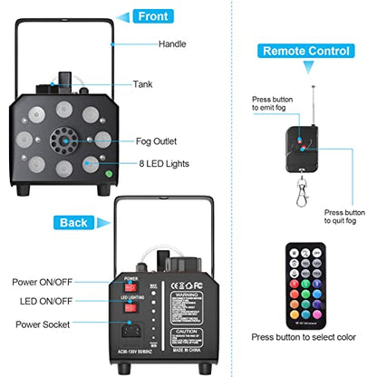 HAKUTA Light Rain and Splash Proof Fog Machine, 500W Smoke Machine with 2300 CFM Output of Fog & 2 Remotes, 8 LED Lights with 4 Light Effects for Outdoor Music Festival Pool Party Wedding DJ Stage