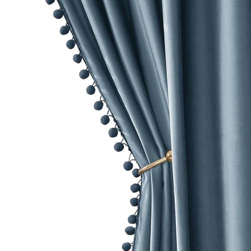 MIULEE Blue Pom Pom Velvet Blackout Curtains, W52 x L96, Set of 2 | Rod Pocket Curtains,Thermal Insulating,Blackout Curtains for Bedroom/Home Theater/Living Room Darkening - color: Dark Slate, size: 52"W x 96"L (Pack of 2)