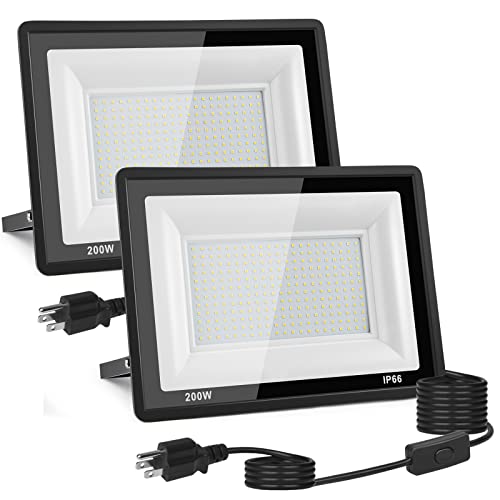 2-Pack 200W LED Flood Light Outdoor, 20000LM Bright Plug-in Flood Lights with Switch, IP66 Waterproof Exterior Security Lights, LED Work Light for Garage, Yard, Garden, Playground, Stadium, Arena - size: 200W-2PACK